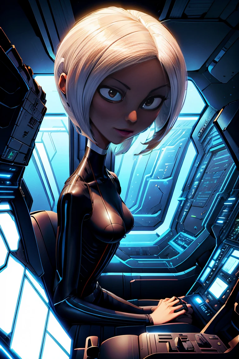 Mature light brown skin anorexic thin woman, short bang ms white hair. Long neck, round head,  wearing a black body suit with blue vertical stripes. Piloting a space ship inside a sci-fi cockpit