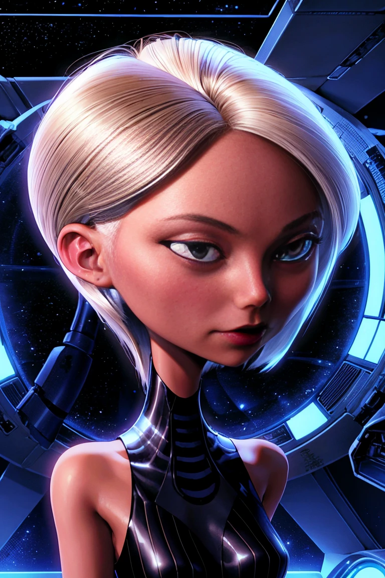 Mature light brown skin anorexic thin woman, short bang ms white hair. Long neck, round head,  wearing a black body suit with blue vertical stripes. Piloting a space ship inside a sci-fi cockpit