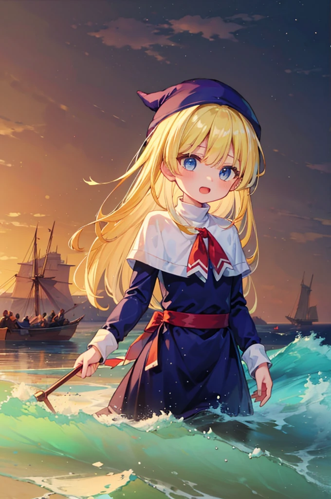 (8k,  Super High Quality , masterpiece:1.2),  ultra high resolution, cute,  girl, solo, whole body, Puyo Puyo's witch, Blonde, Blue Eyes , blue headwear ,  blue based robe,  red ribbon, White capelet, Ahoge,  long skirt , sea, Wave like a  , Bright smile, Open your mouth, soaked, whole bodyに水滴,  soaked in water up to the waist, 