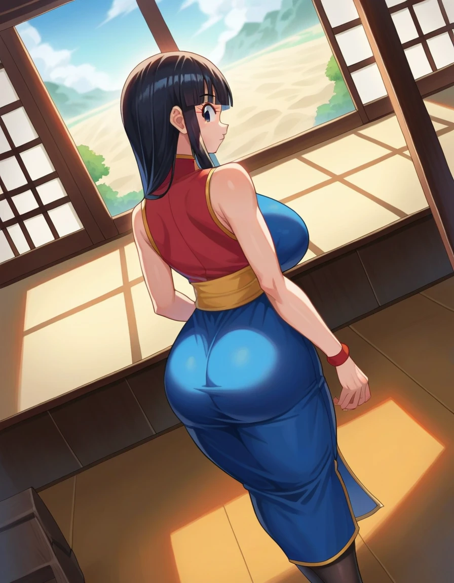 score_9, score_8_above, score_7_above, source_animated, Dragon Ball Chichi, who who,  black eyes ,  black hair , long hair, hime cut,  straight bangs , sidelocks, Bare arms, blue dress, china dress, Chinese clothing, dress, high neck, Obi,  black lace tights , collect,  black lace tights  , red Wad of bills, red bracelet, Wad of bills, side opening, sleeveless, sleeveless dress, wristband, inside, dojo,  looking at the spectator,  Dutch angle, cowboy shot, huge ass,  huge thighs ,  huge breasts,  body with big hips,  focus on the butt , neckline,