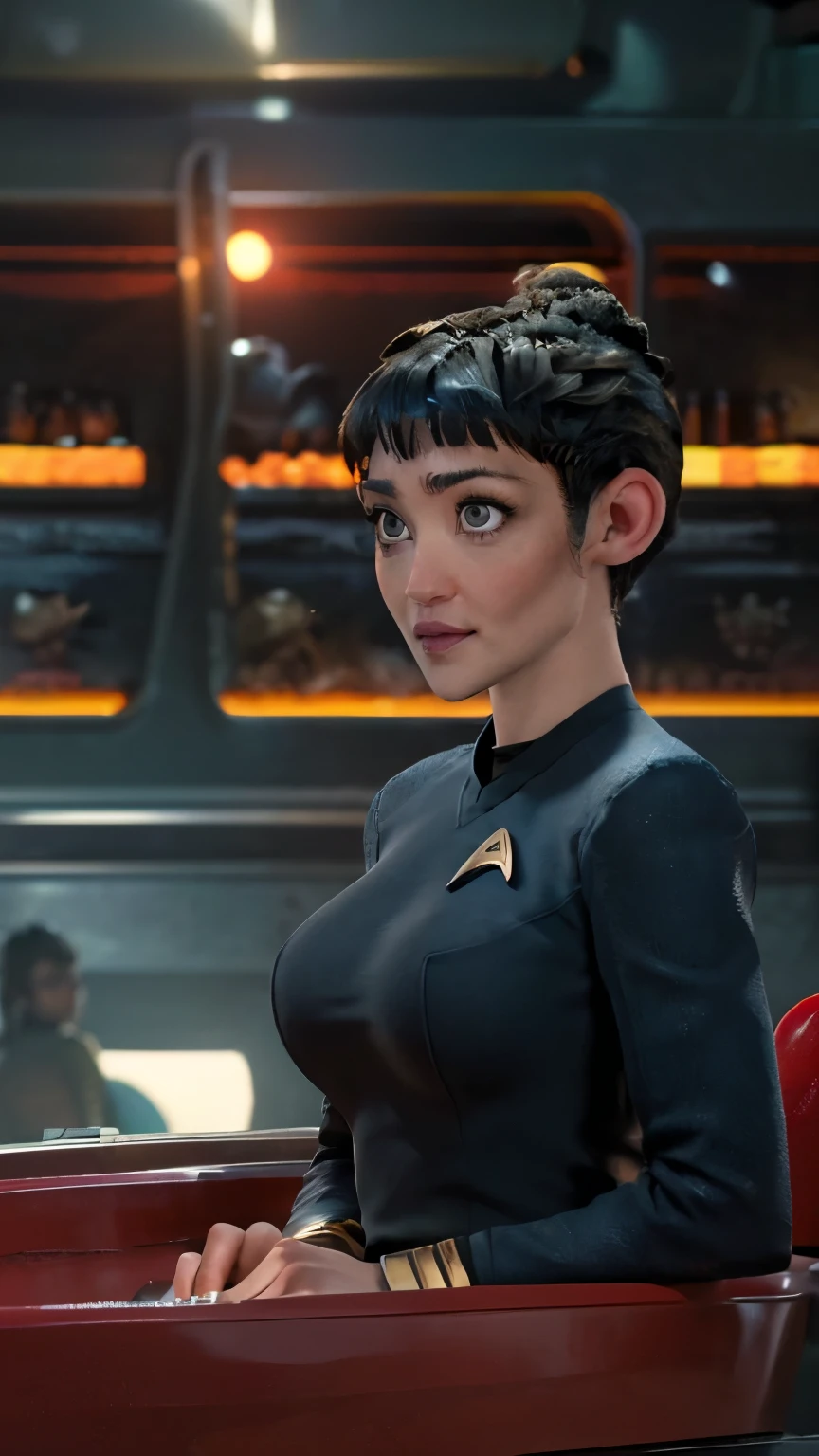 Ruth Negga,((( masterpiece ))),((The best quality))), ( Big breasts, pointed ears:1.2, Long, wide and heavy falling ),wearing a blue star trek snw uniform,( Vulcan girl sitting in a pumpkin wagon in the mountains）, ((shoulder length straight black hair:1.3)) ，Halloween Blue Night , super realistic, Pumpkin carriages bright orange , （big moon）， Pumpkins on the mountain , cloudy, detailed art, cinematic art , 24K Ultra HD resolution , blurred background, hyper-high detail
