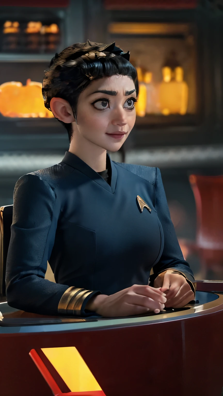 Ruth Negga,((( masterpiece ))),((The best quality))), ( Big breasts, pointed ears:1.2, Long, wide and heavy falling ),wearing a blue star trek snw uniform,( Vulcan girl sitting in a pumpkin wagon in the mountains), ((shoulder length straight black hair:1.3)) ,Halloween Blue Night , super realistic, Pumpkin carriages bright orange , (big moon), Pumpkins on the mountain , cloudy, detailed art, cinematic art , 24K Ultra HD resolution , blurred background, hyper-high detail