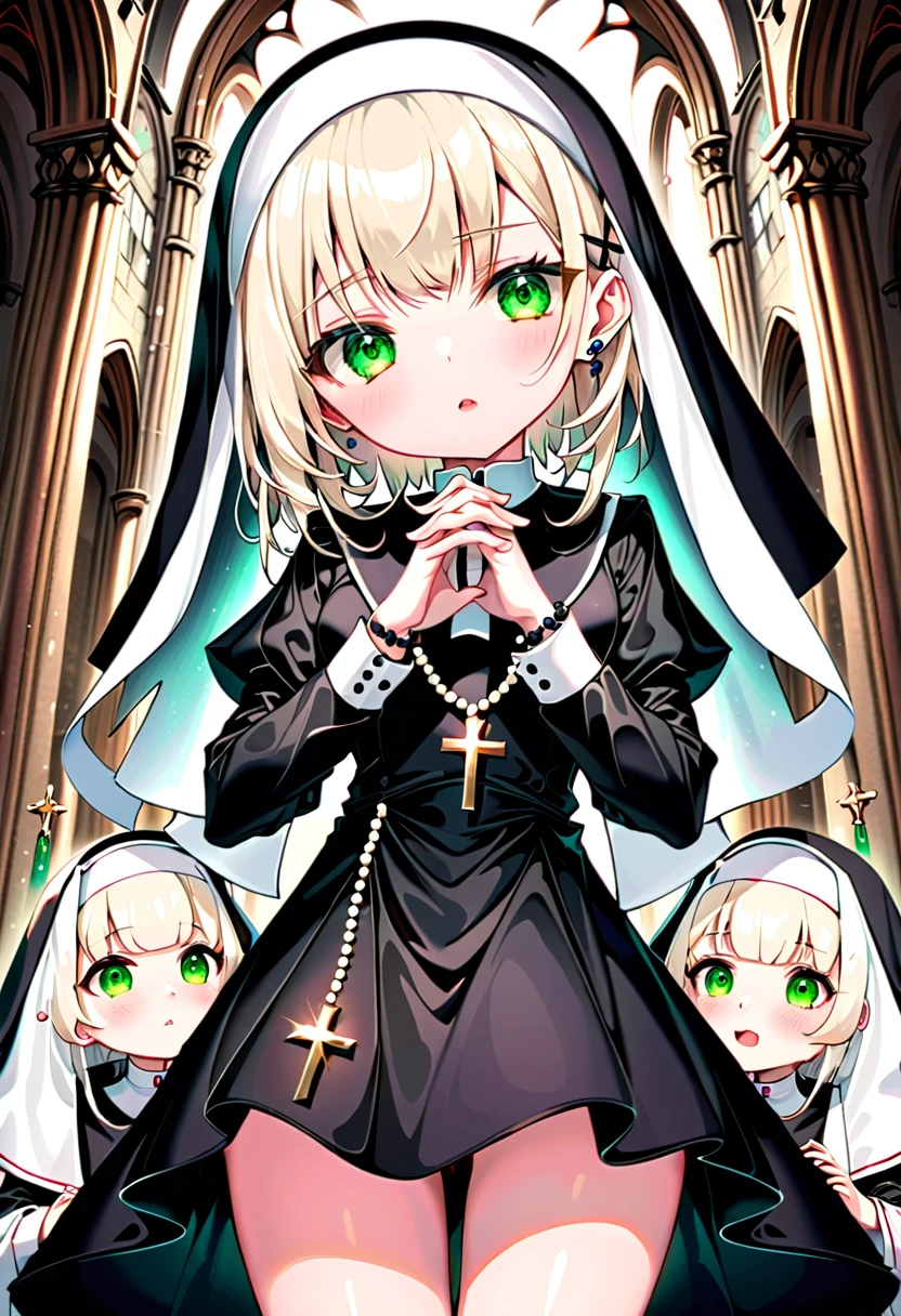 ((Chibi:1.5)), ((((From shot from below:1.5)), front view:1.5, looking away)),  one girl playing pranks, ((Sister:1.5))、((A nun's formal attire:1.5、wimple:1.5、Rosary:1.5)) Best Quality, masterpiece,  ultra high resolution, (Realistic:1.4),  RAW Photos,  intricate details ,  Big Beautiful Dark Emerald Eyes :1.5, Perfect Contour, masterpiece, Silky Long Hair, full lips:1.5, pink lips:1.5, gloss lips:1.5, parted lips1.5, slim、Short stature:1.5、(flat chest:1.2,  firm chest:1.2, High chest:1.5), BREAK nun :1.5, (( Shiny Super Shine Black Satin Priest:1.5, Pray with hands together:1.5))、 The background is Mont Saint Michel's Cathedral , Bokeh