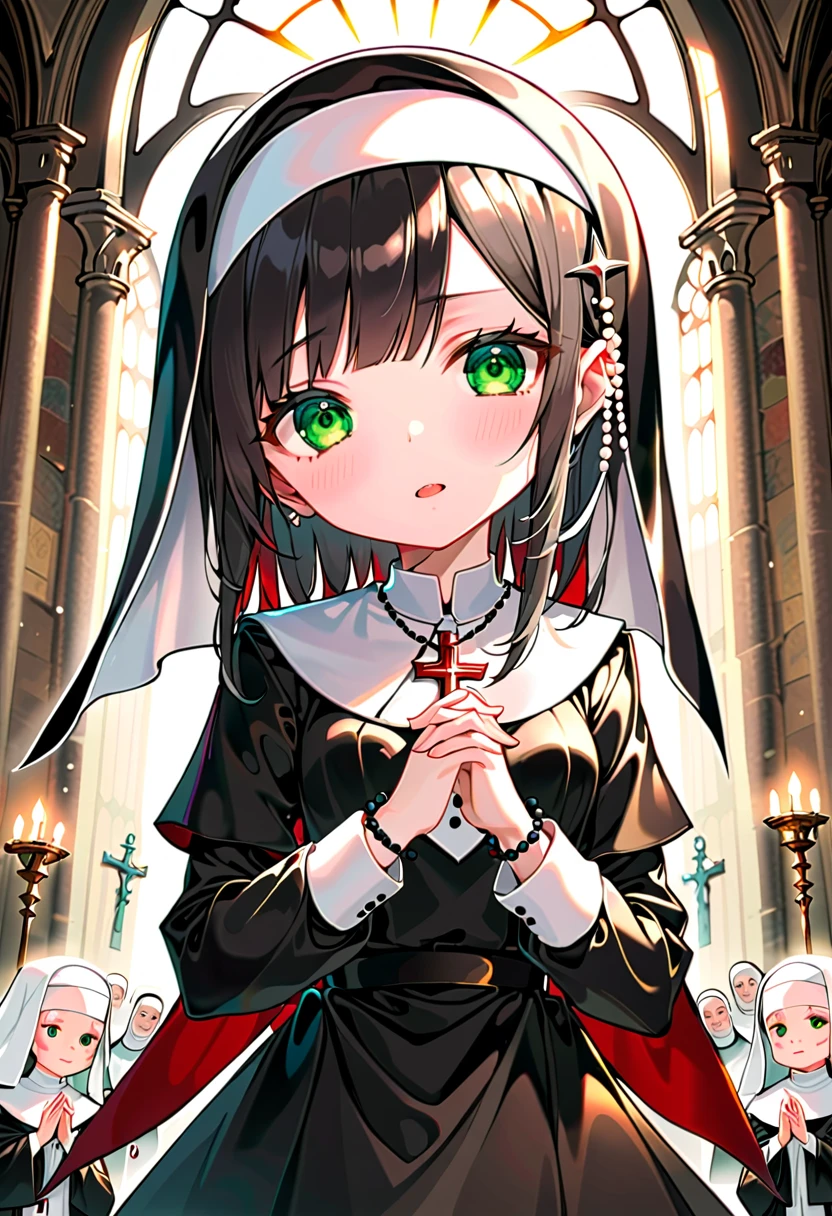 ((Chibi:1.5)), ((((From shot from below:1.5)), front view:1.5, looking away)),  one girl playing pranks, ((Sister:1.5))、((A nun's formal attire:1.5、wimple:1.5、Rosary:1.5)) Best Quality, masterpiece,  ultra high resolution, (Realistic:1.4),  RAW Photos,  intricate details ,  Big Beautiful Dark Emerald Eyes :1.5, Perfect Contour, masterpiece, Silky Long Hair, full lips:1.5, pink lips:1.5, gloss lips:1.5, parted lips1.5, slim、Short stature:1.5、(flat chest:1.2,  firm chest:1.2, High chest:1.5), BREAK nun :1.5, (( Shiny Super Shine Black Satin Priest:1.5, Pray with hands together:1.5))、 The background is Mont Saint Michel's Cathedral , Bokeh