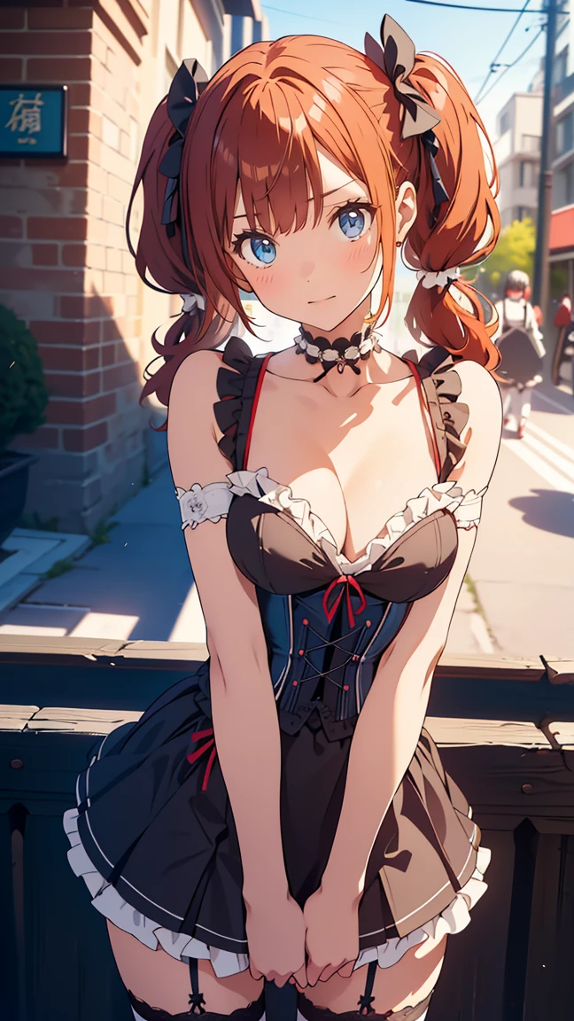 1girl, solo, masterpiece, best quality, high res, highly detailed, illustration, game cg, beatiful detailed eyes, yuigahama yui, single hair bun, glossy lips, light makeup, blush, hostess club, strapless corset, lace panties, thigh highs, open_front_skirt, half skirt, garden, necklace