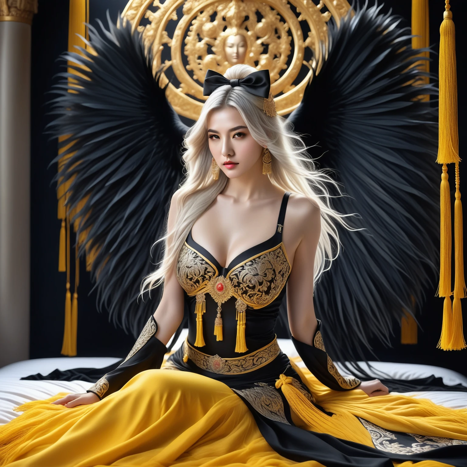 masterpiece, score_9, score_8_up, score_7_up, 1girl, female war goddess, solemn expression, long white hair, black and white outfit, black bow on head, seated, bed of white sheets, black boots with black straps, spread black wings, dense long feathers, holding divine yellow bow, celestial glow, intricate carved patterns, powerful, mythological energy, mysterious aura, yellow tassel of rare beast fur, fluttering in wind, dignified pose, mystical setting, elegant and regal,ImgFixerPre0.3
