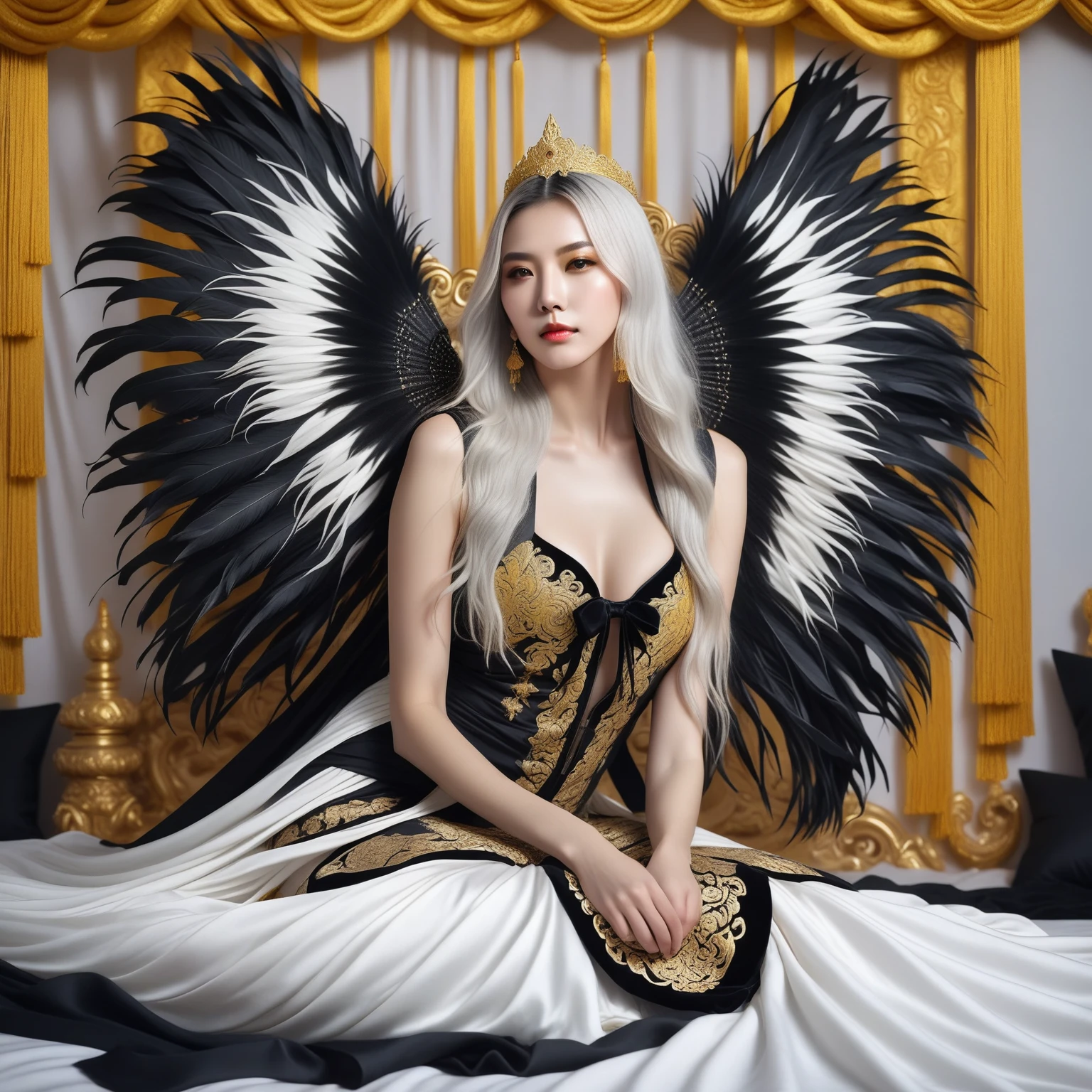 masterpiece, score_9, score_8_up, score_7_up, 1girl, female war goddess, solemn expression, long white hair, black and white outfit, black bow on head, seated, bed of white sheets, black boots with black straps, spread black wings, dense long feathers, holding divine yellow bow, celestial glow, intricate carved patterns, powerful, mythological energy, mysterious aura, yellow tassel of rare beast fur, fluttering in wind, dignified pose, mystical setting, elegant and regal,ImgFixerPre0.3
