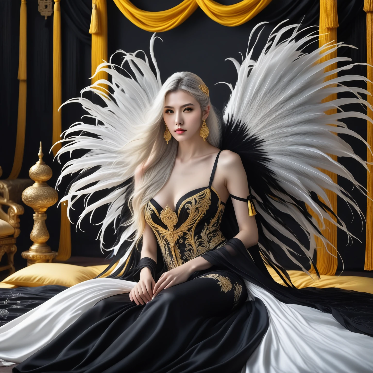 masterpiece, score_9, score_8_up, score_7_up, 1girl, female war goddess, solemn expression, long white hair, black and white outfit, black bow on head, seated, bed of white sheets, black boots with black straps, spread black wings, dense long feathers, holding divine yellow bow, celestial glow, intricate carved patterns, powerful, mythological energy, mysterious aura, yellow tassel of rare beast fur, fluttering in wind, dignified pose, mystical setting, elegant and regal,ImgFixerPre0.3
