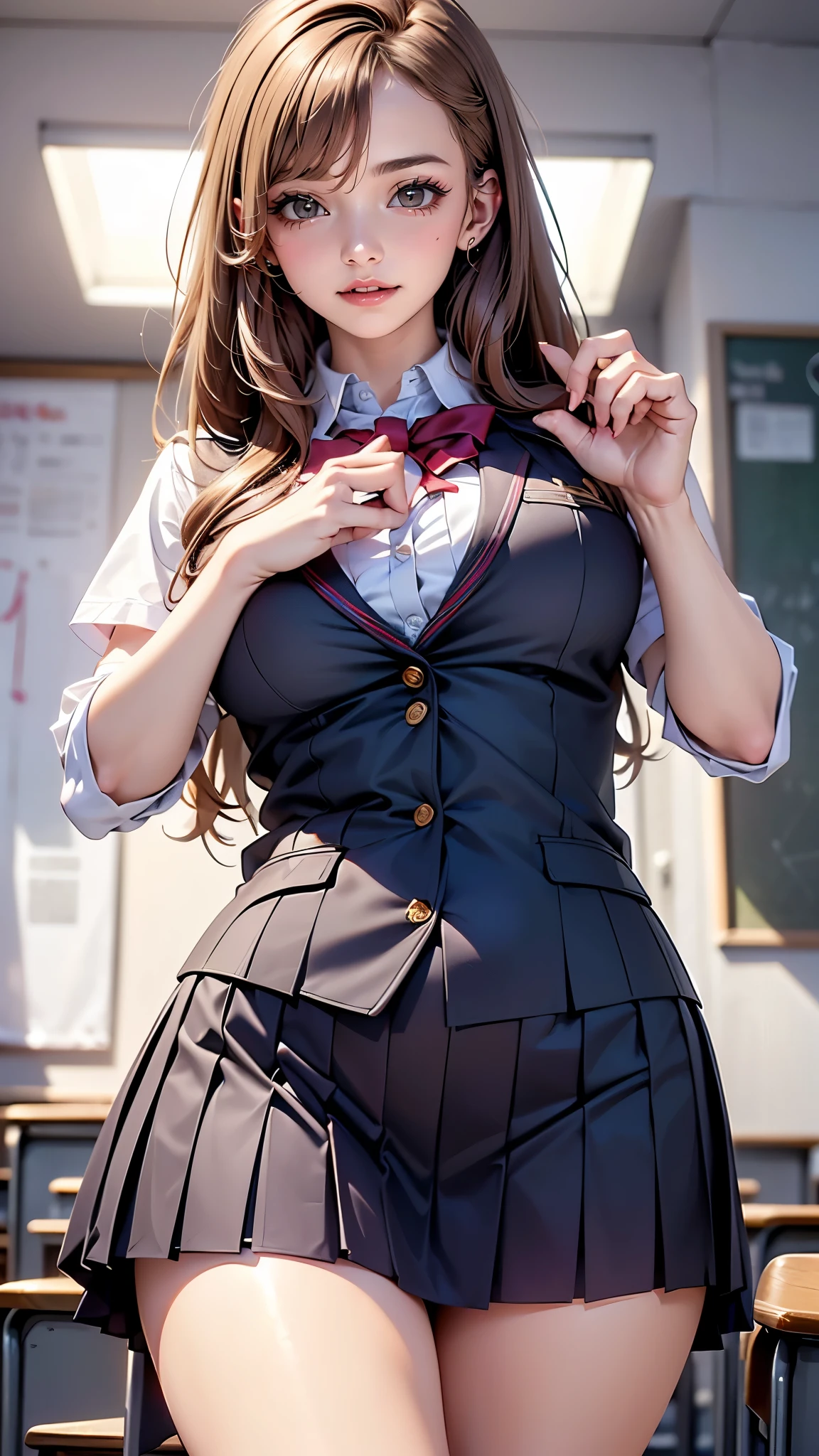 Goddess image, (from below:1.2),(1girl, ultra detailed skin, curvy,,beautiful breasts, large breasts, pale skin), (majesty of the goddess:1.3), (Hyperrealist portrait,(8k),ultra-realistic, high detail, high resolution, best quality, masterpiece,Sense of presence, dynamic, bold), (representation of the human body based on precise anatomy, (normal number of fingers:1.4), anatomically correct), (thin and soft hair:1.8),(straight hair),(Swept long bangs),(extra light coppery amber hair),(hair over one eye),(clothed:1.5, school uniform:1.5)