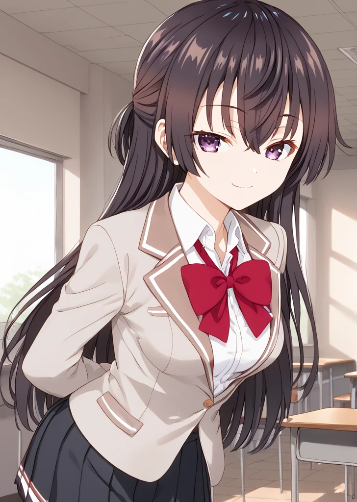 Score_9, Score_8_up, Score_7_up, ASCII masterpiece, source_anime, BREAK, 1girl, solo, 
yukisuou, yukisuou, long hair, bangs, brown hair, black hair, hair between the eyes, purple eyes, half up, , shirt, bow, school uniform , jacket, white shirt, collared shirt, bow tie, red bow, blazer, red bow tie, black skirt, pleated skirt, indoors, standing, seductive smile, leaning forward, hands behind the back, head tilted , 
classroom 

(Beautiful, medium breasts: 1.2), natural breasts,