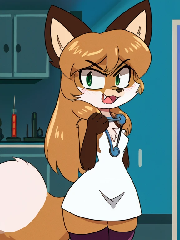 uploaded the e621, beautiful and detailed, woman (((female))) ((anthro)) Fox, (Averi, Fox girl), cinematic lighting, Fox, (anthro, fluffy fur), anthro fox girl, body fur, curvy, sexy, nice, cute, hot, comfortable anime-style cartoon-style, digital drawing, SFW, flat chest, green eyes, angry, smiling, nervous smile, sassy, sassy hips, [smug], fangs, open mouth, looking at viewer, ((doctor uniform, wearing long white lab coat, open lab coat revealing chest, wearing white dress, wearing stethoscope around neck, wearing sexy striped thigh highs, striped thigh high sock))