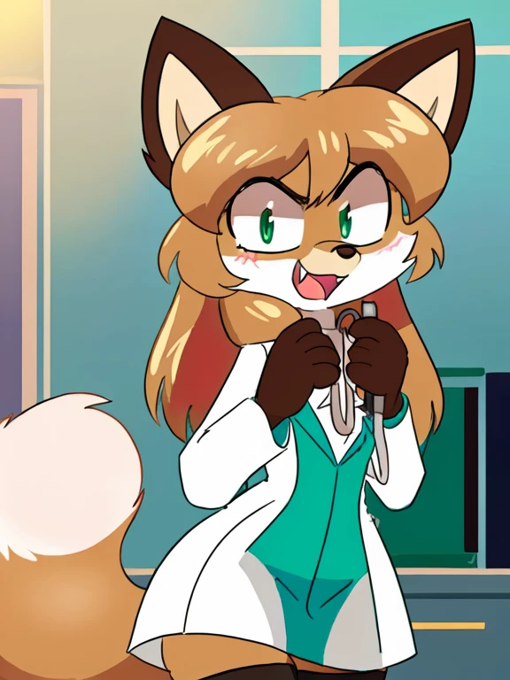 uploaded the e621, beautiful and detailed, woman (((female))) ((anthro)) Fox, (Averi, Fox girl), cinematic lighting, Fox, (anthro, fluffy fur), anthro fox girl, body fur, curvy, sexy, nice, cute, hot, comfortable anime-style cartoon-style, digital drawing, SFW, flat chest, green eyes, angry, smiling, nervous smile, sassy, sassy hips, [smug], fangs, open mouth, looking at viewer, ((doctor uniform, wearing long white lab coat, open lab coat revealing chest, wearing white dress, wearing stethoscope around neck, wearing sexy striped thigh highs, striped thigh high sock))