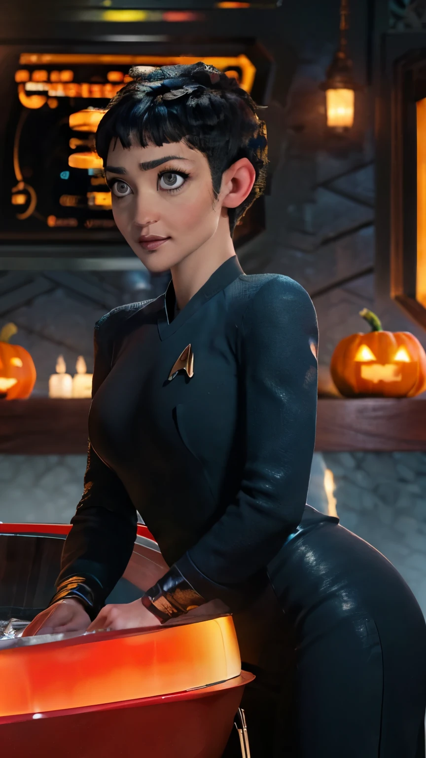 Ruth Negga,((( masterpiece ))),((The best quality))), ( Big breasts, pointed ears:1.2, Long, wide and heavy falling ),wearing a blue star trek snw uniform,( Vulcan girl sitting in a pumpkin wagon in the mountains）, ((shoulder length short straight black hair:1.3)) ，Halloween Blue Night , super realistic, Pumpkin carriages bright orange , （big moon）， Pumpkins on the mountain , cloudy, detailed art, cinematic art , 24K Ultra HD resolution , blurred background, hyper-high detail
