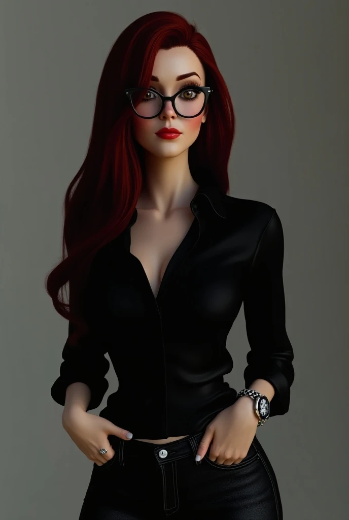 create an image of a female character with long black hair, imposing face, body a little fat, with brown eyes and white skin, black blouse with details, black pants, red plaid jacket on top, prescription glasses with black frames, curly hair ends