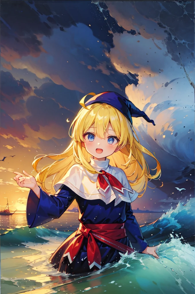 (8k,  Super High Quality , masterpiece:1.2),  ultra high resolution, cute,  girl, solo, whole body, Puyo Puyo's witch, Blonde, Blue Eyes , blue headwear ,  blue based robe,  red ribbon, White capelet, Ahoge,  long skirt , sea, Wave like a  , Bright smile,  innocent face , Open your mouth, soaked, whole bodyに水滴,  soaked in water up to the waist, 