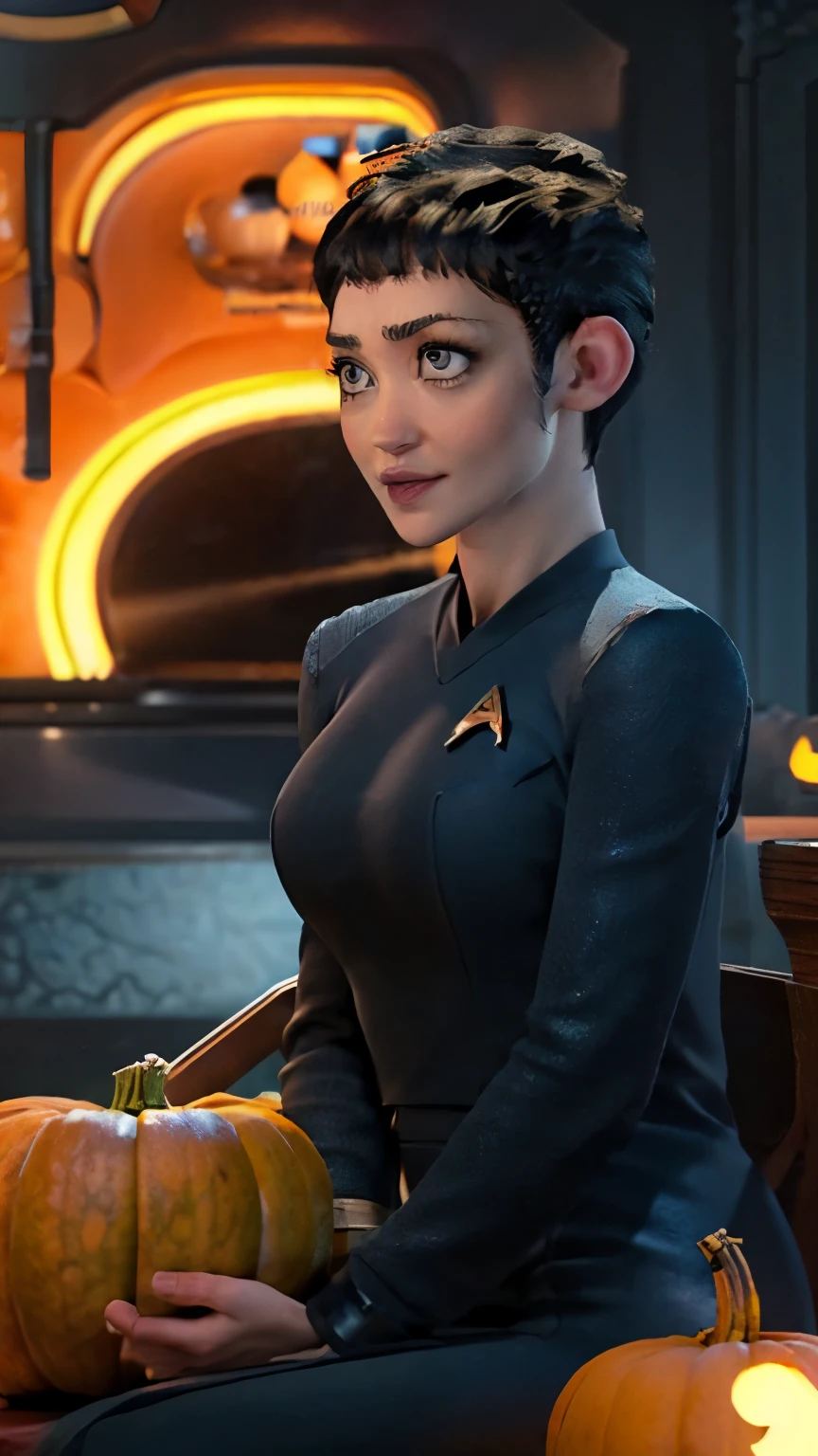 Ruth Negga,((( masterpiece ))),((The best quality))), ( Big breasts, pointed ears:1.2, Long, wide and heavy falling ),(wearing a blue star trek snw uniform:1.1),( Vulcan girl sitting in a pumpkin wagon in the mountains）, ((shoulder length straight black hair:1.3)) ，Halloween Blue Night , super realistic, Pumpkin carriages bright orange , （big moon）， ((Pumpkins around her:1.2)), pumpkin on the mountain , cloudy, detailed art, cinematic art , 24K Ultra HD resolution , blurred background, hyper-high detail
