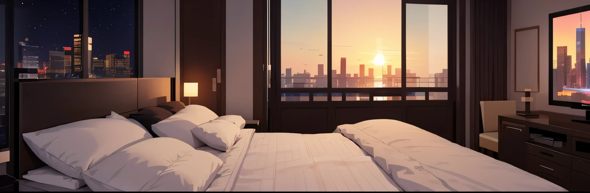  city night room ， luxury bedroom with a balcony，Pixel Block，Movie，大Scenario， comfortable king bed ，The light is weak， pixel style ，大Pixel Block，Movie画面，peaceful，Scenario，游戏Scenario， Luxurious furniture ，Horizontal board，Head-up view，Sunset，Futurism， Shinkai Makoto style· 