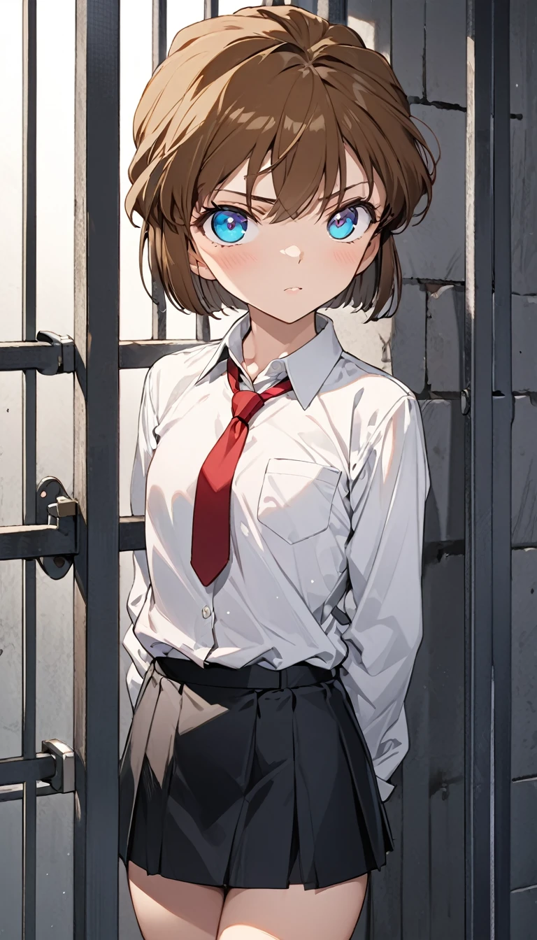  high resolution,  masterpiece , precise,  best quality,  high profile, โมเดล high resolution, background, Prison cell, From the Detective Conan series, who haibara, Elementary girl , Short hair,  brown hair, Blue eyes, Pubic sclera , Multicolored eyes,  Small Chest , Wear a white shirt, Tie a red bow,  black miniskirt