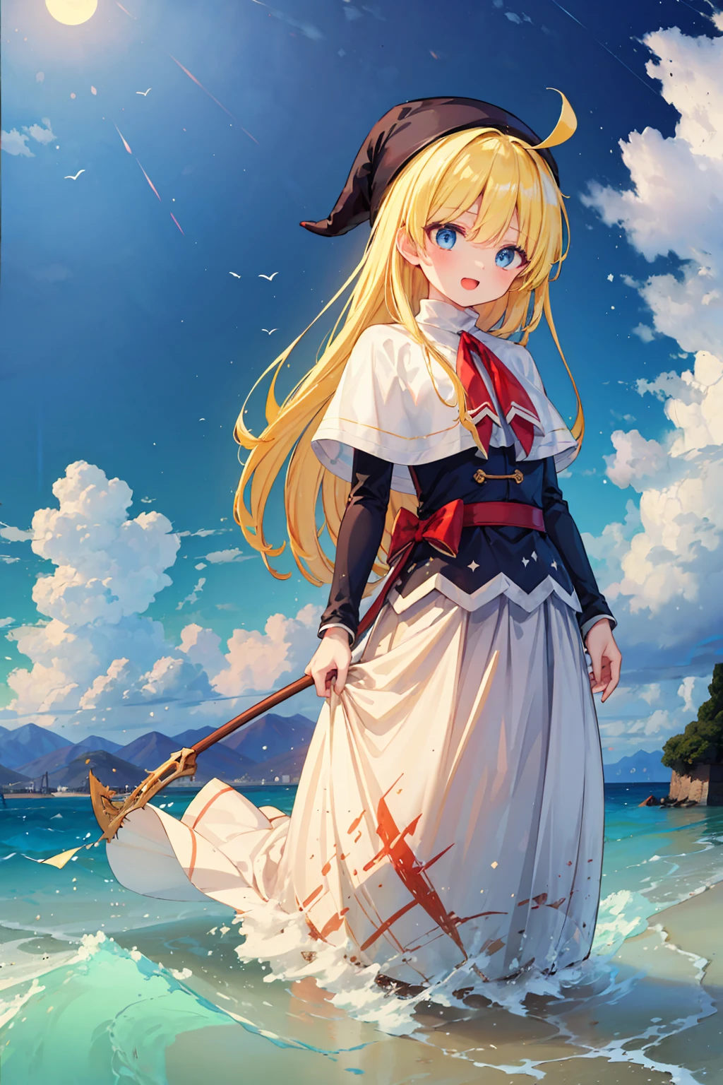 (8k,  Super High Quality , masterpiece:1.2),  ultra high resolution, cute,  girl, solo, whole body, Puyo Puyo's witch, Blonde, Blue Eyes , blue headwear ,  blue based robe,  red ribbon, White capelet, Ahoge,  long skirt , sea, Wave like a  , Bright smile,  innocent face , Open your mouth, soaked, whole bodyに水滴,  with their bodies glued together , 