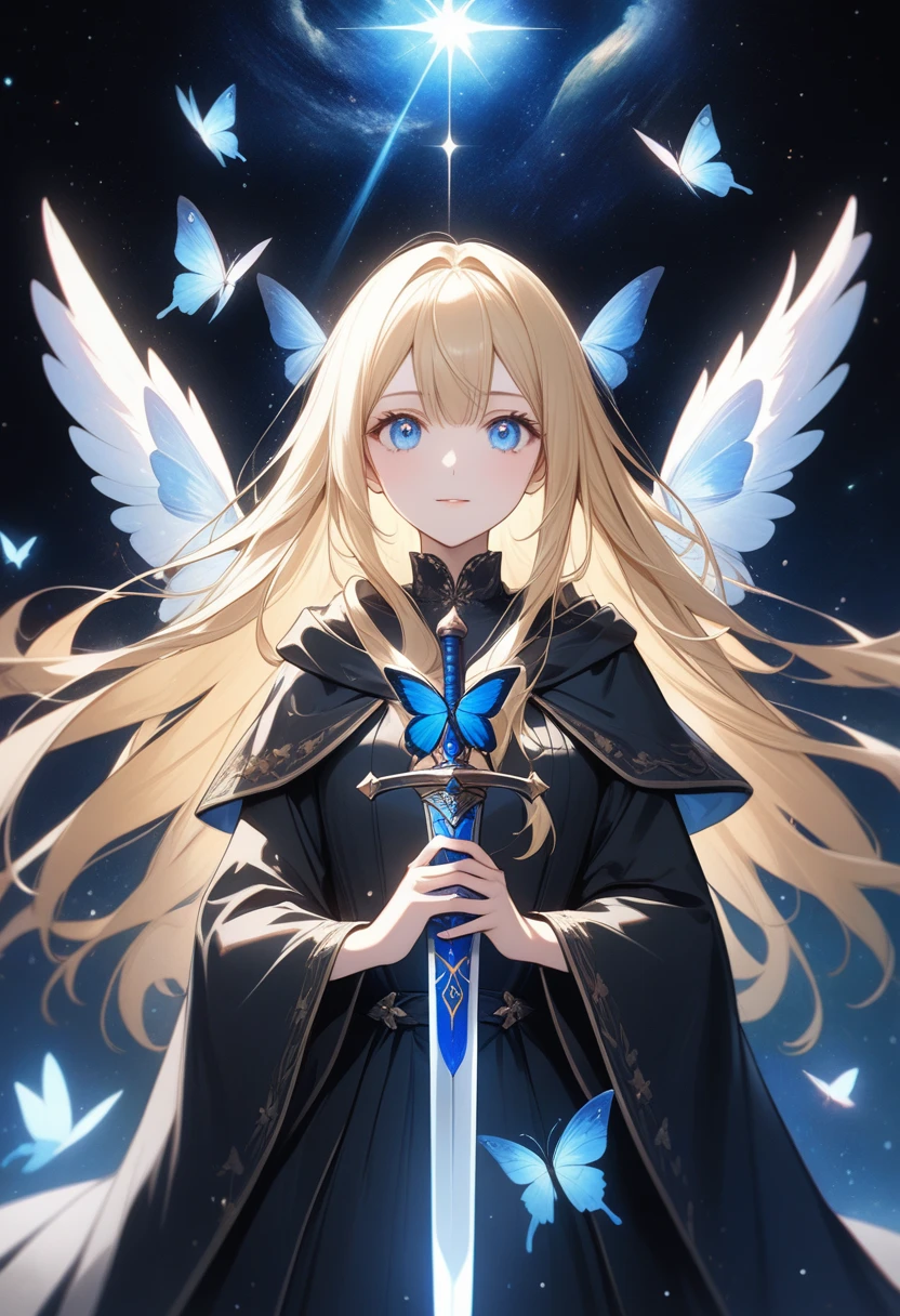  anime style,Woman holding a sword,  a woman holds a sword in front of her body  .,blonde,Long Hair,  wearing a black cloak  ,  blue eyes  ,Sparkling Eyes,Sparkling Eyesのハイライト ドレスの衣装,Wear a black cloak  , A blue butterfly flutters its wings  ,  noble atmosphere,  a dazzling sword illuminates the world  ,  emphasizes a woman with a proud face  ,The background is space,low angle masterpiece,Best Quality,Exquisite,8k,  absurd,Ultra-detailed illustrations,( Viewers )