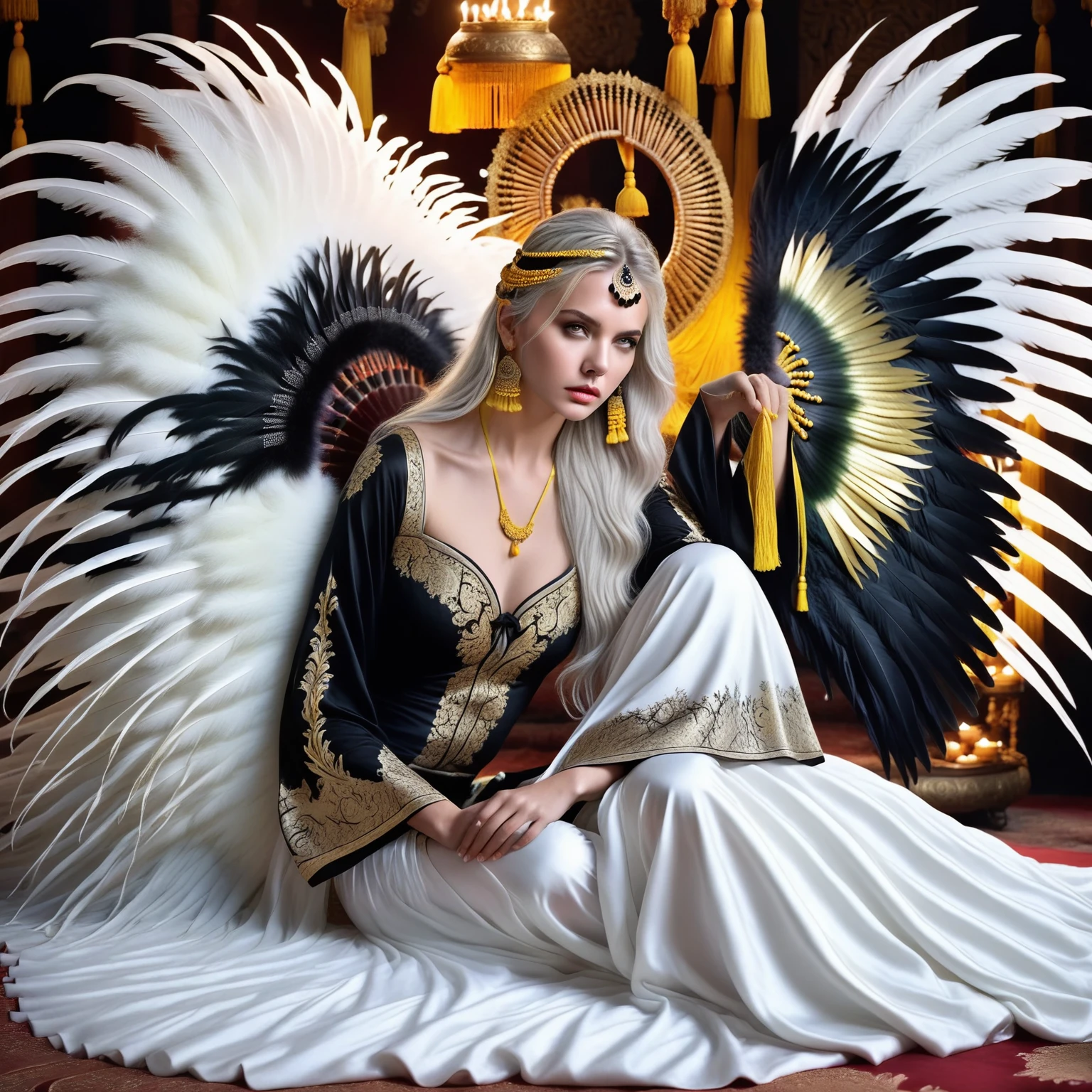 masterpiece, score_9, score_8_up, score_7_up, 1girl, female war goddess, solemn expression, long white hair, black and white outfit, black bow on head, seated, bed of white sheets, black boots with black straps, spread black wings, dense long feathers, holding divine yellow bow, celestial glow, intricate carved patterns, powerful, mythological energy, mysterious aura, yellow tassel of rare beast fur, fluttering in wind, dignified pose, mystical setting, elegant and regal
