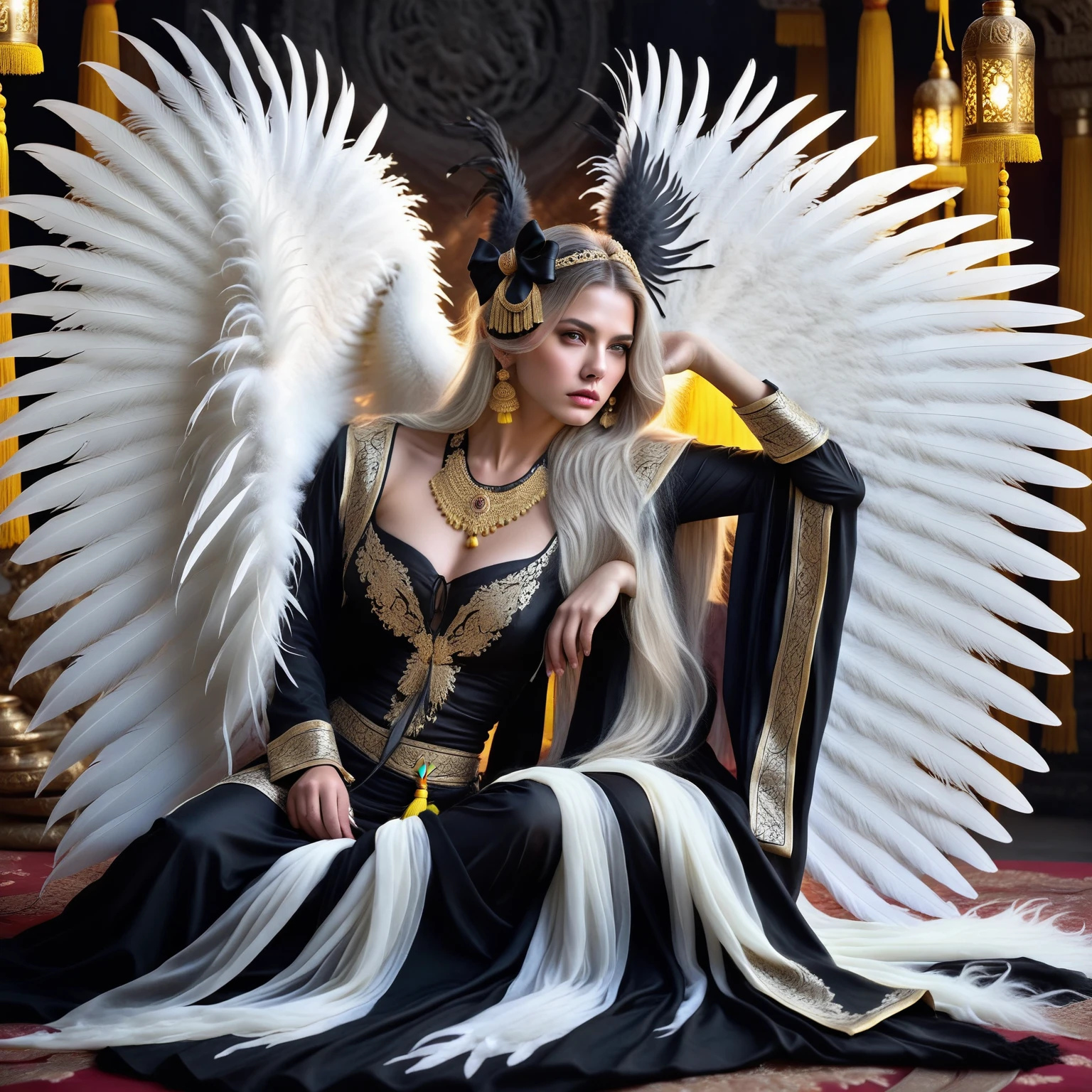 masterpiece, score_9, score_8_up, score_7_up, 1girl, female war goddess, solemn expression, long white hair, black and white outfit, black bow on head, seated, bed of white sheets, black boots with black straps, spread black wings, dense long feathers, holding divine yellow bow, celestial glow, intricate carved patterns, powerful, mythological energy, mysterious aura, yellow tassel of rare beast fur, fluttering in wind, dignified pose, mystical setting, elegant and regal
