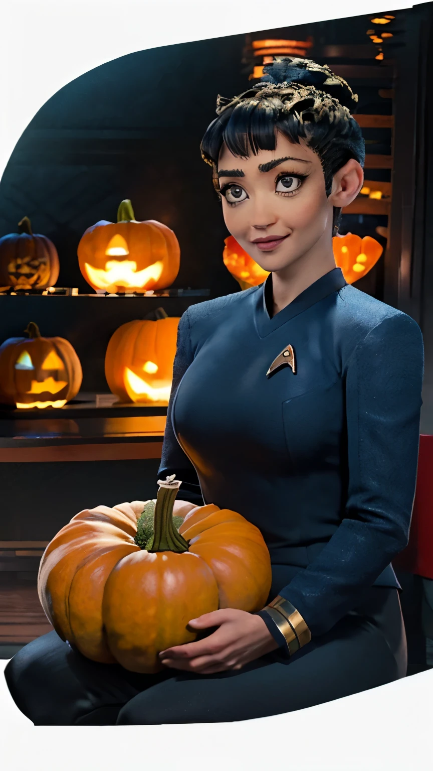 Ruth Negga,((( masterpiece ))),((The best quality))), ( Big breasts, pointed ears:1.2, Long, wide and heavy falling ),(wearing a blue star trek snw uniform:1.1),( Vulcan girl sitting in a pumpkin wagon in the mountains）, ((shoulder length straight black hair:1.3)) ，Halloween Blue Night , super realistic, Pumpkin carriages bright orange , （big moon）， ((Pumpkins around her:1.2)), pumpkin on the mountain , cloudy, detailed art, cinematic art , 24K Ultra HD resolution , blurred background, hyper-high detail
