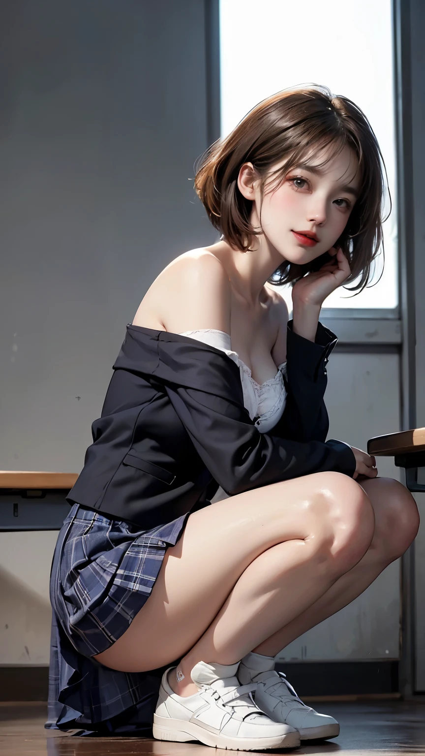 Girl Standing In School Classroom,red tie uniform,dark blue closed blazer,Blue plaid mini skirt,18-year-old,bangs,a little smile,thighs,knees,from below，random pose，pretty girl，slender girl，squatting down，,masterpiece,best quality,(Japanese girl),((Beautiful girl)),cleavage,(off shoulder:1.2),(perfect body beauty:1.2),(shy smile),Japanese female, 22 years old, solo, (viewer discretion advised: 1.3), ((masterpiece)), ((highest quality)), (highly detailed), ((cute)), cute, (nice), ((highly detailed)), 4K, (8k), highest quality, (beautiful), hyper cute face, shape, hyper realistic, real, (((From below))), ((full body image)), (1 girl, cute girl: 1.5), ((white panties)), sneakers, beautiful light brown hair, beautiful brown eyes, ((beautiful eyes)), (windy, hair swaying, skirt lifted to reveal underwear: 1.3), short hair, (((big breasts))), ((device tick type)), (wearing {{x}} (showing panties to camera)),