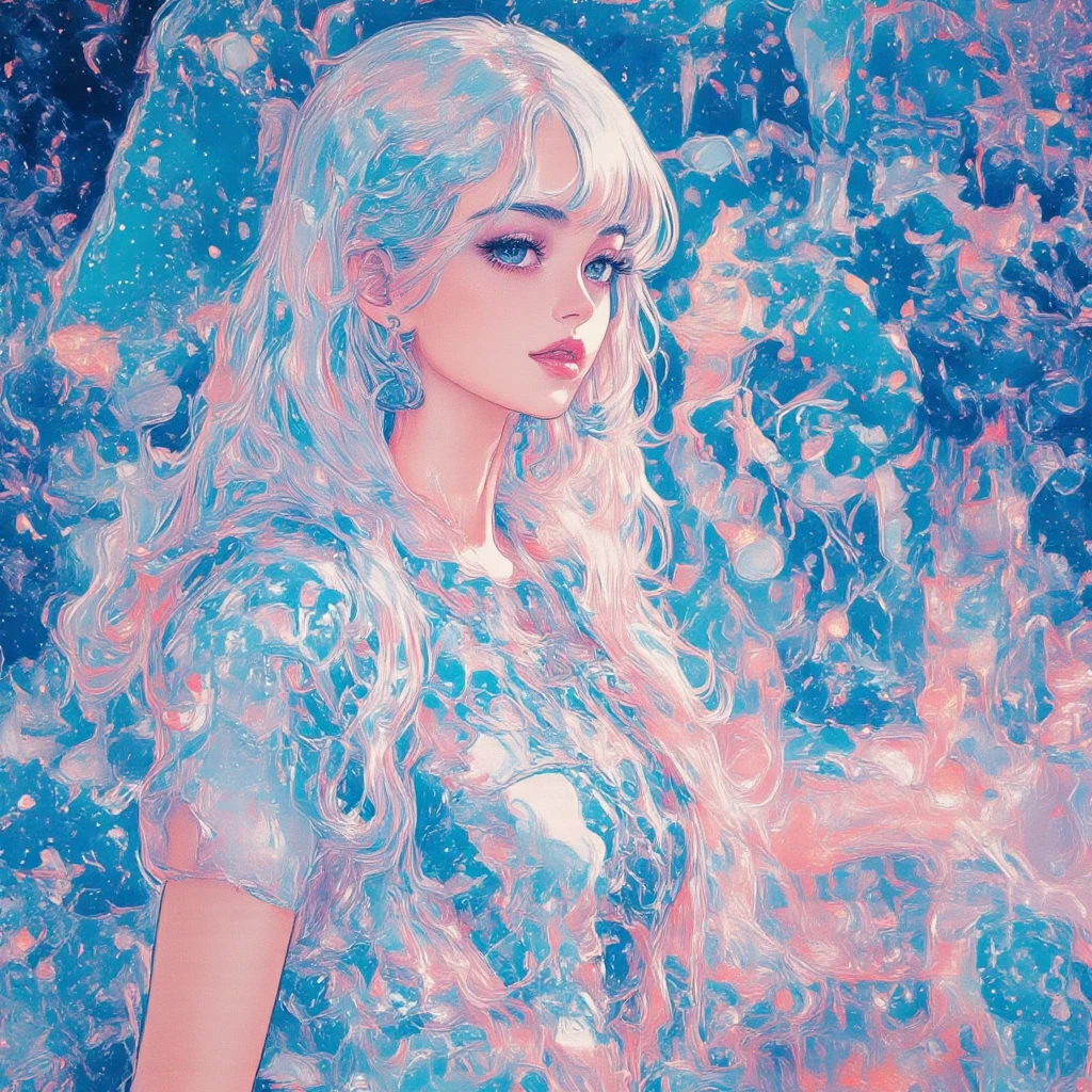 1girl, solo, magical glow, texture style6 texture influence image,glittering effects,soft color,beautiful gradation,background is texture style6 that is blue speckles, showcasing its luxurious and elegant design,risograph