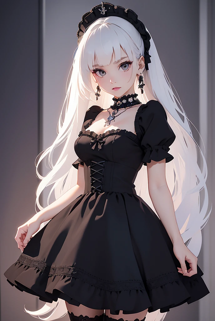 Whole body of  a European anime girl with a good figure and a standard height Light blonde, white hair Wear gothic style dress But simple makeup