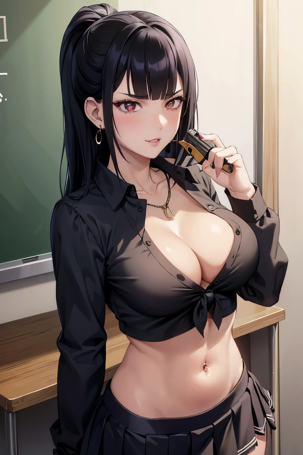 1 girl,black hair, long hair, large breast, blush, lipstick, Hot girl, baddie, staring, glaring, bad attitude, mean girl, crazy, smoking, sensual, attractive, masterpiece, best quality, ((unbuttoned school uniform, cleavage, necklace, earrings, sexy body,
breasts)) , micro skirt, smiling, navel , exposed belly, exposed navel,school,
classroom , hold a gun,knot, holding pistol,navel piercing 