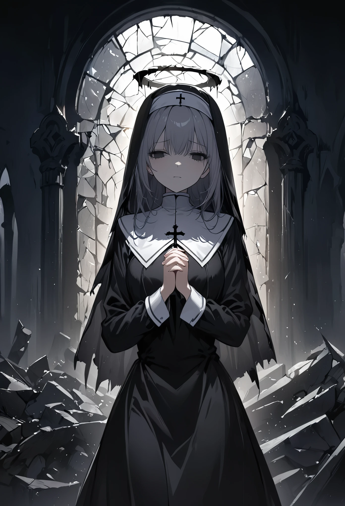 illustration, best quality, 1girl, wearing black nun outfit with veil, praying with hands clasped, solemn expression, halo effect above head, dark and eerie atmosphere, ruined church background, broken stained glass, cracked walls, dim and shadowy lighting, gothic and somber mood, sense of desolation and faith