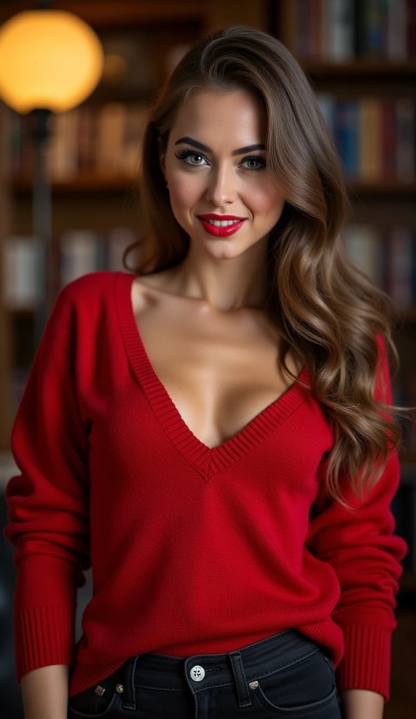 Riley Reid, thin, slim female supermodel with, closeup c-cup breasts bursting out of her red sweater, cleavage, heavy makeup, bright red lips, black jeans, background college library, sunset, seductive smirk