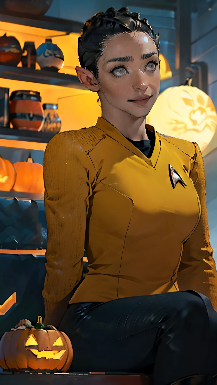 Ruth Negga,((( masterpiece ))),((The best quality))), ( Big breasts, pointed ears:1.2, Long, wide and heavy falling ),(wearing a blue star trek snw uniform:1.1),( Vulcan girl sitting in a pumpkin wagon in the mountains）, ((shoulder length straight black hair:1.3)) ，Halloween Blue Night , super realistic, Pumpkin carriages bright orange , （big moon）， ((Pumpkins around her:1.2)), pumpkin on the mountain , cloudy, detailed art, cinematic art , 24K Ultra HD resolution , blurred background, hyper-high detail
