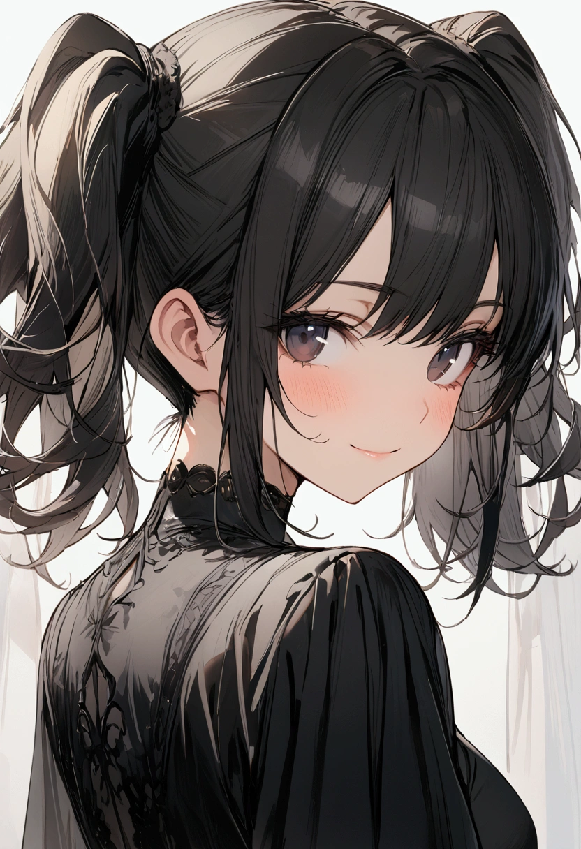 one girl, high twin tails, high pigtails, hair bangs, medium hair length, black hair, dark eyes, pretty face, slim figure, short black dress, close up, small smile, masterpiece, best quality