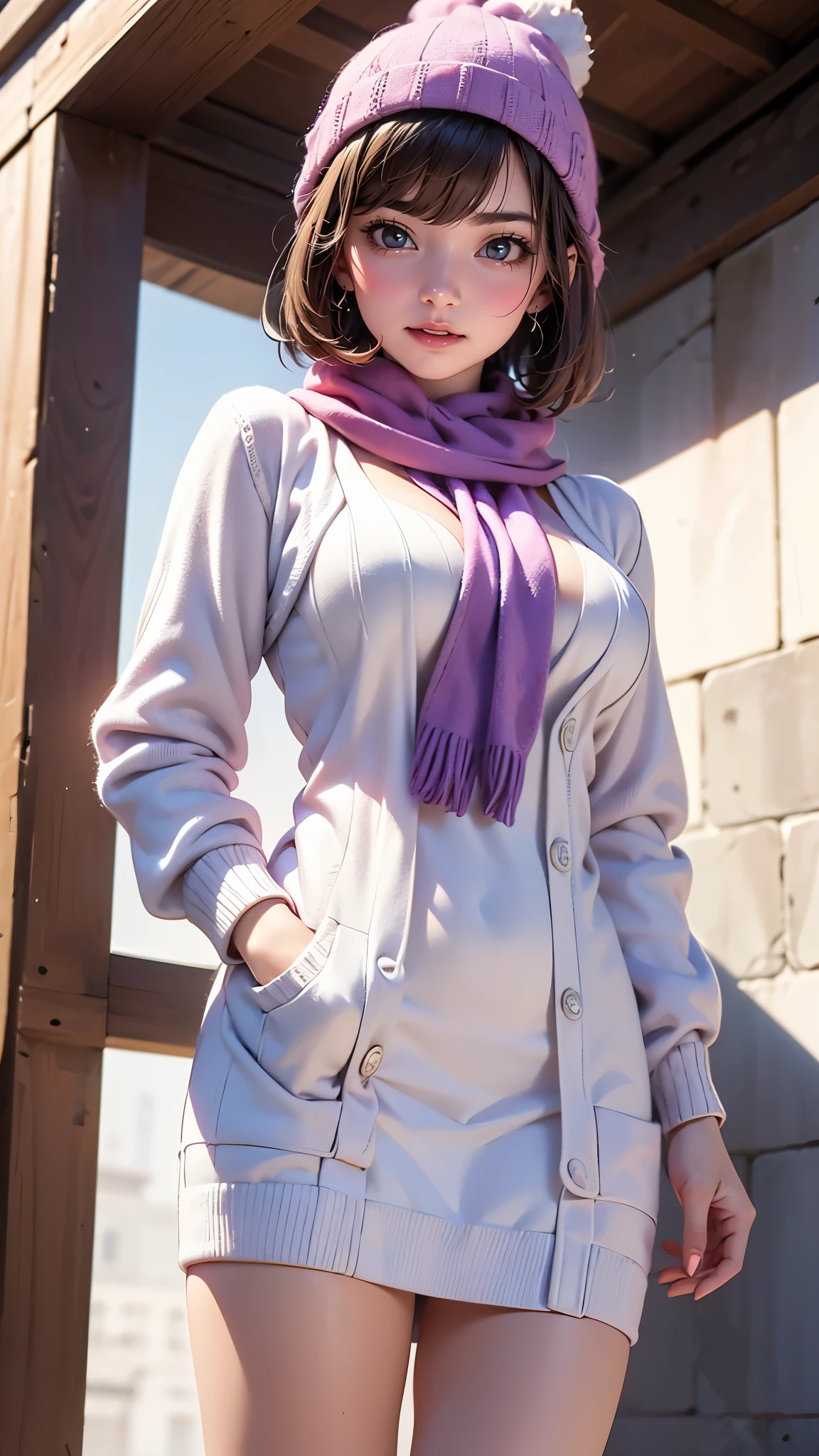 Introverted woman image, (from below:1.2),(1woman, attractive twenties, ultra detailed skin, short and slim,,beautiful breasts, (large breasts:1.2), pale skin), (glasses:1.5), (Introverted glasses woman:1.3), (Hyperrealist portrait,(8k),ultra-realistic, high detail, high resolution, best quality, masterpiece,Sense of presence, dynamic, bold),(thin and soft hair:1.8),(brunette bob hair:1.5), (short hair:1.5), (extra light red hair), BREAK, (emerald drop earring),BREAK, (purple, white color palette:1.3),(knitted dress with cable pattern:1.4),(white cardigan:1.2),(pink scarf and beanie:1.3),(knee-high boots1.2),(heart-shaped pendant:1.1)