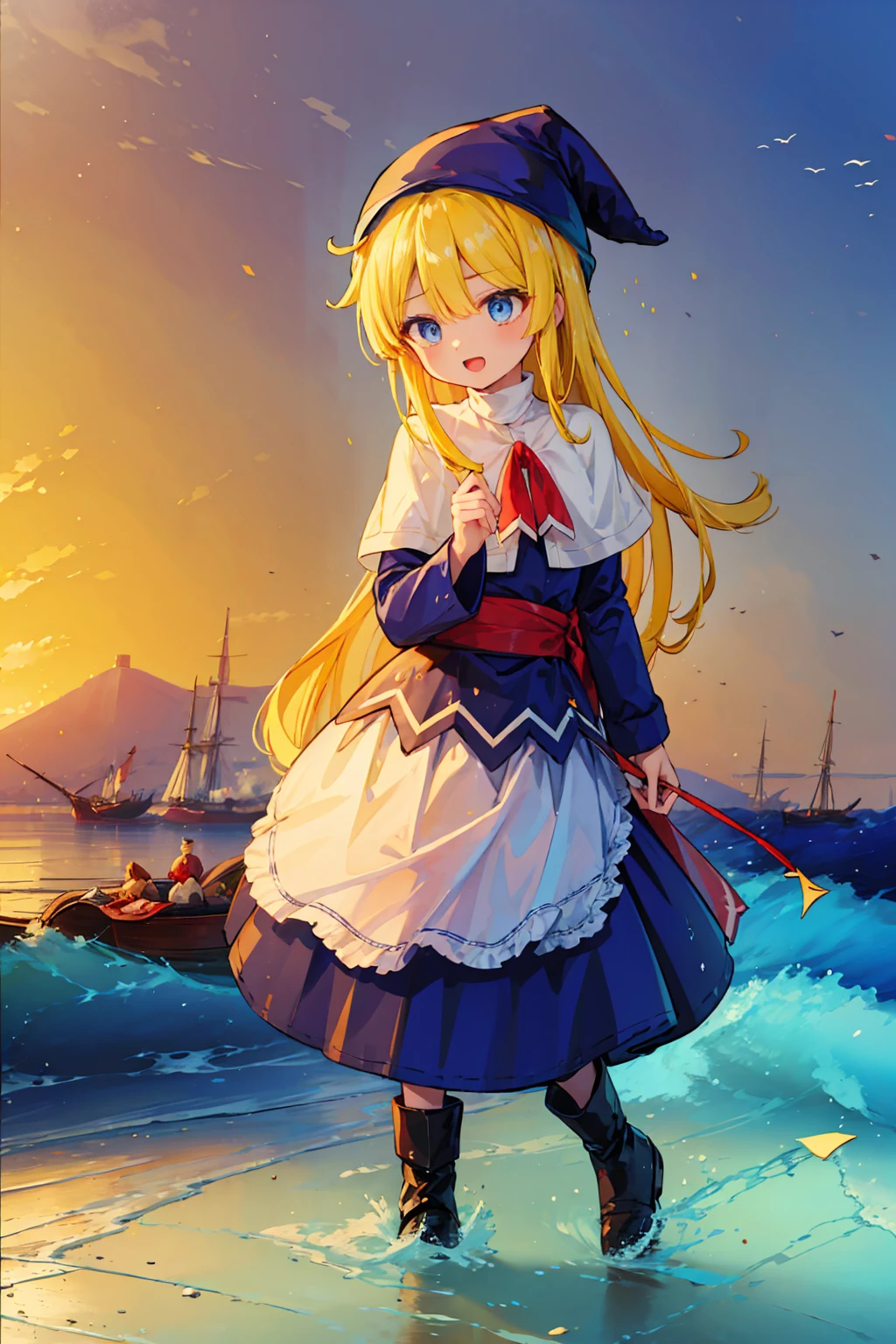 (8k,  Super High Quality , masterpiece:1.2),  ultra high resolution, cute,  girl, solo, whole body, Puyo Puyo's witch, Blonde, Blue Eyes , blue headwear ,  blue based robe,  red ribbon, White capelet, Ahoge,  long skirt , sea, Wave like a  , Bright smile,  innocent face , Open your mouth, soaked, whole bodyに水滴,  with their bodies glued together , 