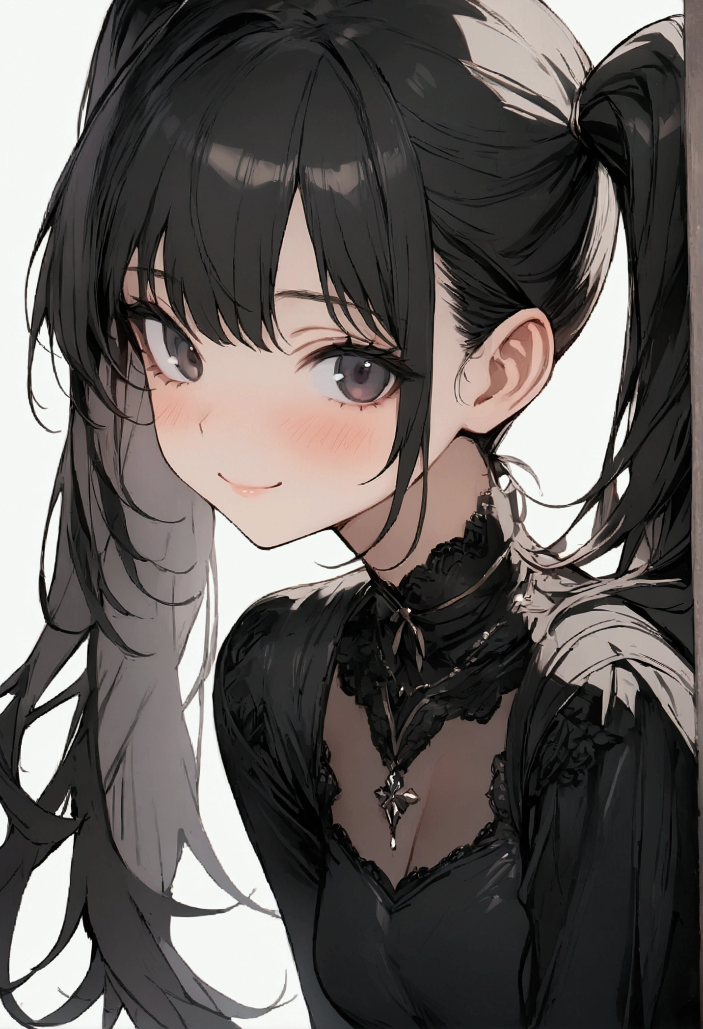 one girl, high twin tails, high pigtails, hair bangs, medium hair length, black hair, dark eyes, pretty face, slim figure, short black dress, close up, small smile, attractive, masterpiece, best quality