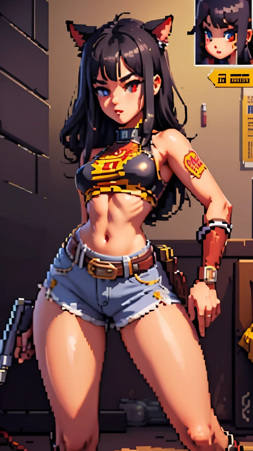 1 girl junkotvv, black hair, fringe, cat ears, red eyes, \(cowgirl,cowboy_has, belt_hebilla,blonde,floating hair, Messy hair ,Large chest,pistol holder,pistol,bullet  belt, western police badge on chest ,shooting shotpistol\),bottom\(exterior,Sunlight, western desert ,cactus,horse),,quality\(8K,bottom de pantalla de unidad CG extremadamente detallada, ​masterpiece,  high-resolution mouths  ,top-quality,top-quality real texture skin, hyperrealistic face , increase resolution ,RAW photos,La mejor quality, highly detailed ,The wallpaper , cinematic lighting ,Ray tracing,Proporción áurea\), Dynamic Pose , dynamic angle ,(((pixel))),(((pixelart)))