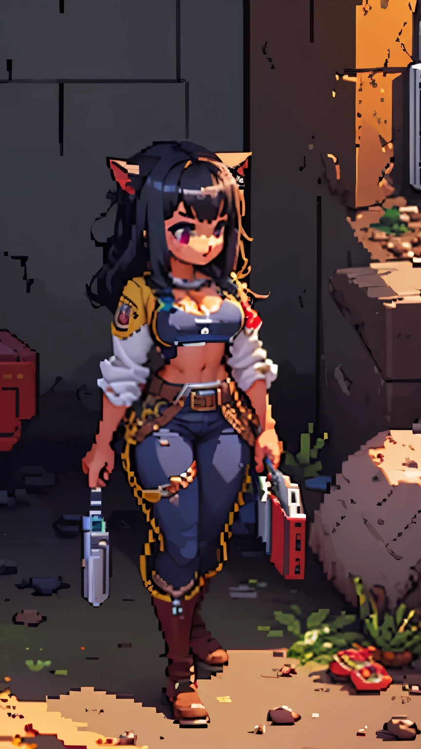 1 girl junkotvv, black hair, fringe, cat ears, red eyes, \(cowgirl,cowboy_has, belt_hebilla,,floating hair, Messy hair ,Large chest,pistol holder,pistol,bullet  belt, western police badge on chest ,shooting shotpistol\),bottom\(exterior,Sunlight, western desert ,cactus,horse),,quality\(8K,bottom de pantalla de unidad CG extremadamente detallada, ​masterpiece,  high-resolution mouths  ,top-quality,top-quality real texture skin, hyperrealistic face , increase resolution ,RAW photos,La mejor quality, highly detailed ,The wallpaper , cinematic lighting ,Ray tracing,Proporción áurea\), Dynamic Pose , dynamic angle ,(((pixel))),(((pixelart)))