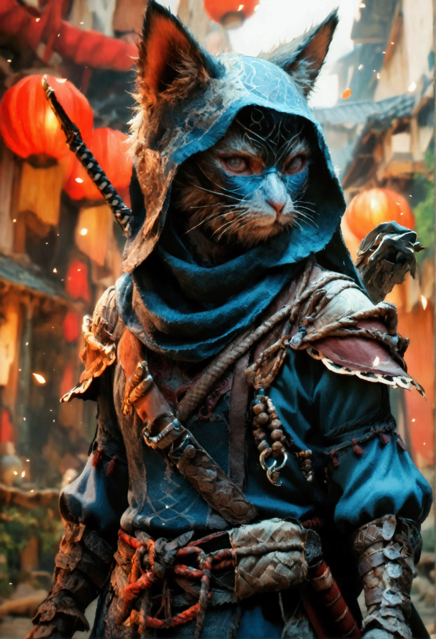 (8k, foto RAW, best quality, masterpiece),  a detailed portrait of the character, clearly worked details, (Tabaxi, Khajiit), ( On your own , burglar, bandit, Balaclava covering part of the face ), fantasy burglar clothes, rpg,  holding a bow , sword at the waist, agile, intricate, cinematic,  natural lighting  , anime, map style, raytracing,  face image,  High resolution, (Ultra Detailed)