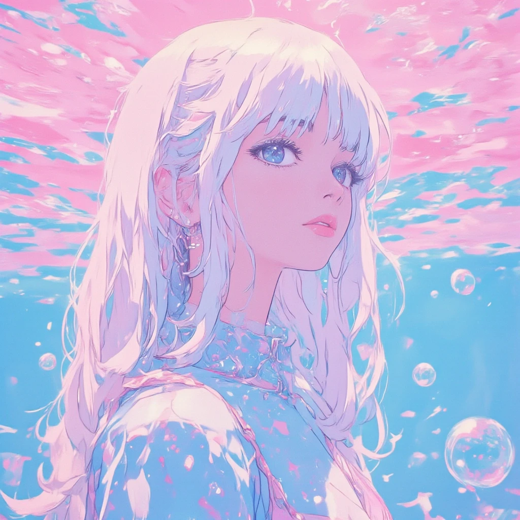 1girl, solo, color style11 texture influence image,glittering effects,soft color,beautiful gradation,background is color style11 that is   Underwater view of a vibrant, pinkish-blue ocean with bubbles rising to surface. risograph