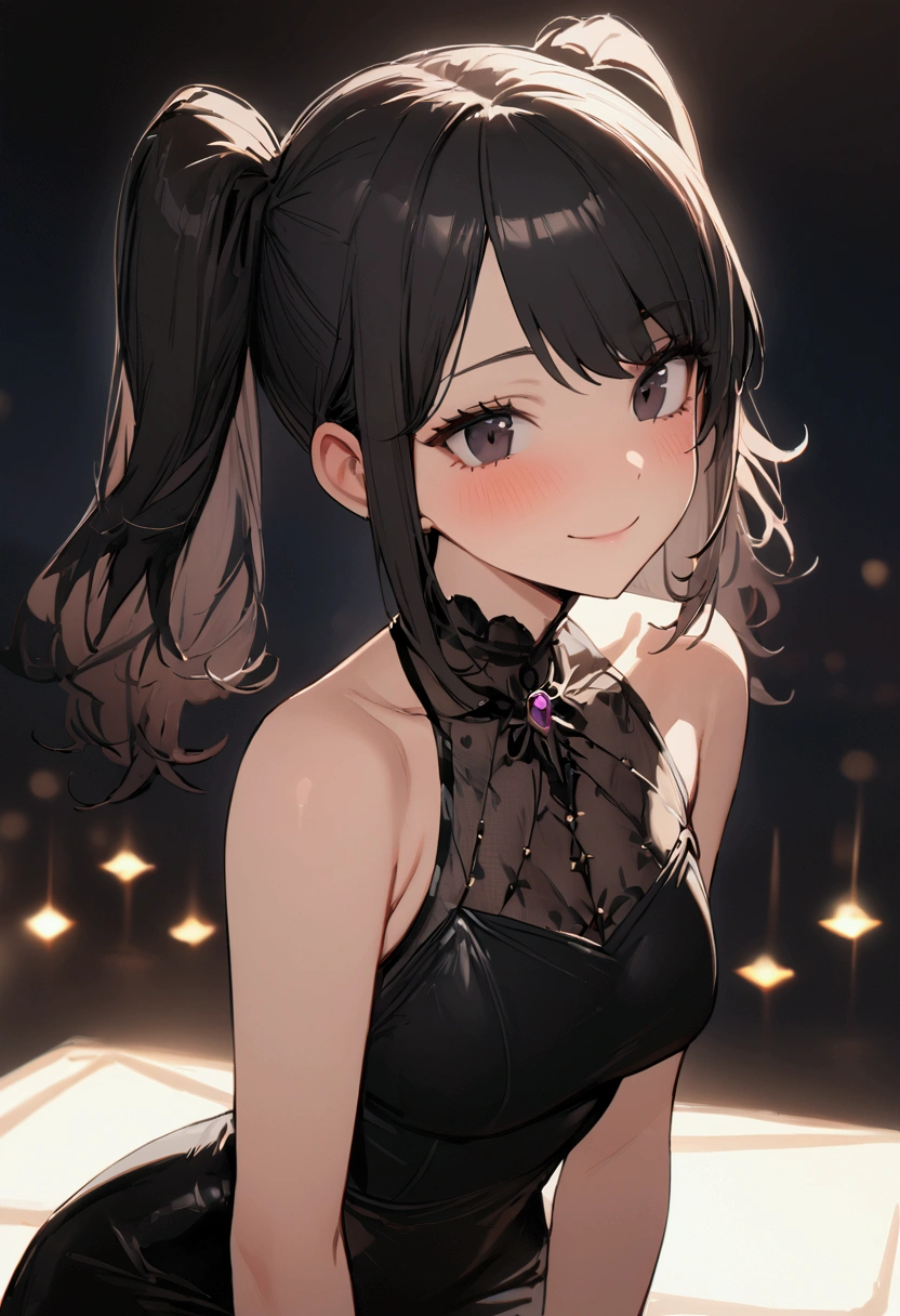 one girl, high twin tails, high pigtails, hair bangs, medium hair length, black hair, dark eyes, pretty face, slim figure, short black dress, close up, small smile, flirting, masterpiece, best quality