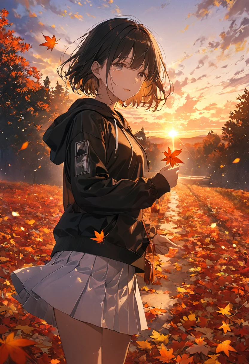 anime、(( Surprisingly Absurd )),(masterpiece:1.2),超 high resolution,  attention to detail, High image quality,  high resolution, 最High image quality, 4K, 8k、Woman holding a leaf in her hand、autumn leavesの並木、 standing alone、 crying、autumn leaves、red、orange、Illuminate、Hope is the theme、Emphasis on women、short hair、Black Hair、 black hoodie、 white miniskirt 、A gentle face、Look this way、kind、sunset、Leaves are scattered