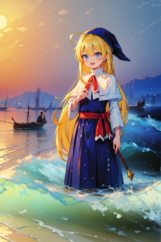 (8k,  Super High Quality , masterpiece:1.2),  ultra high resolution, cute,  girl, solo, whole body, Puyo Puyo's witch, Blonde, Blue Eyes , blue headwear ,  blue based robe,  red ribbon, White capelet, Ahoge,  long skirt , sea, Wave like a  , Bright smile,  innocent face , Open your mouth, soaked, whole bodyに水滴,  with their bodies glued together , 