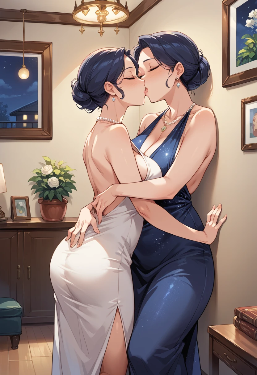 score_9, score_8_up, score_7_up, source_anime, 1boy, 1girl, mature female, mother and son, kid, hug, kissing, date night, valentine's day, romantic, loose hairs, sexy dress