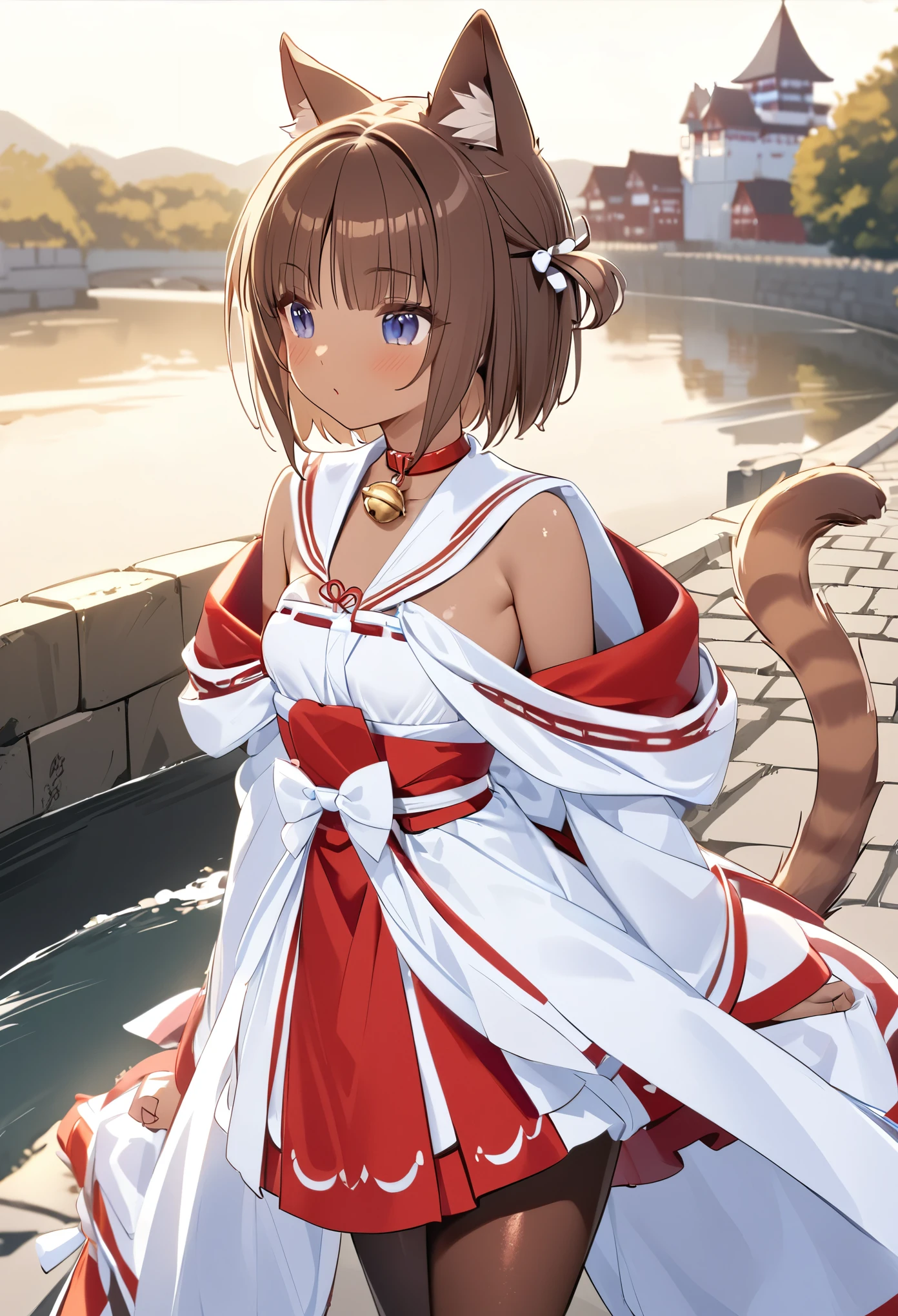 Best Quality、 one girl、ender body、 small breasts、 Shiny Brown Hair 、pattern with three red whiskers、 short bob、Cat ears and tail、Dark blue eyes、Brown Skin、Red and white shrine maiden costume、Brown tights、Collar with bells、Proud expression、Edo Castle Town、 light shines in 、 strong winds are blowing in front of the river