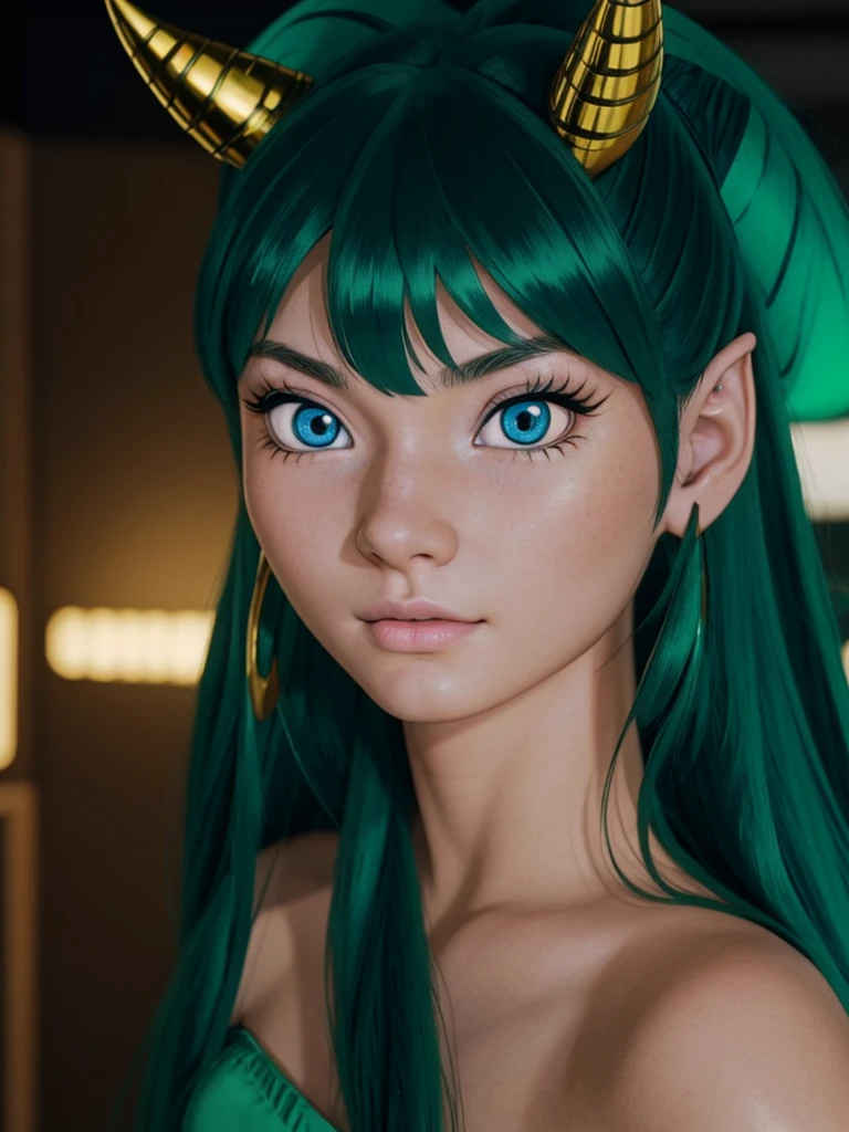 18 years old Lum Urusei Yatsura, detailed portrait, realistic, photorealistic, blue eyes, tiny short horns, beautiful detailed face, extremely detailed eyes and face, longeyelashes, intricate details, highly detailed, 8k, ultra-detailed, masterpiece, studio lighting, physically-based rendering, vivid colors, cinematic lighting