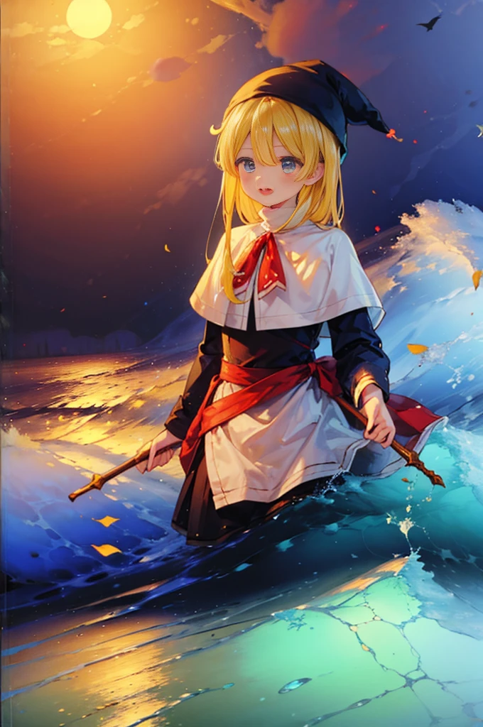 (8k,  Super High Quality , masterpiece:1.2),  ultra high resolution, cute,  girl, solo, whole body, Puyo Puyo's witch, Blonde, Blue Eyes , blue headwear ,  blue based robe,  red ribbon, White capelet, Ahoge,  long skirt , sea, Wave like a  , Bright smile,  innocent face , Open your mouth, soaked, whole bodyに水滴,  soaked in water up to the waist, 