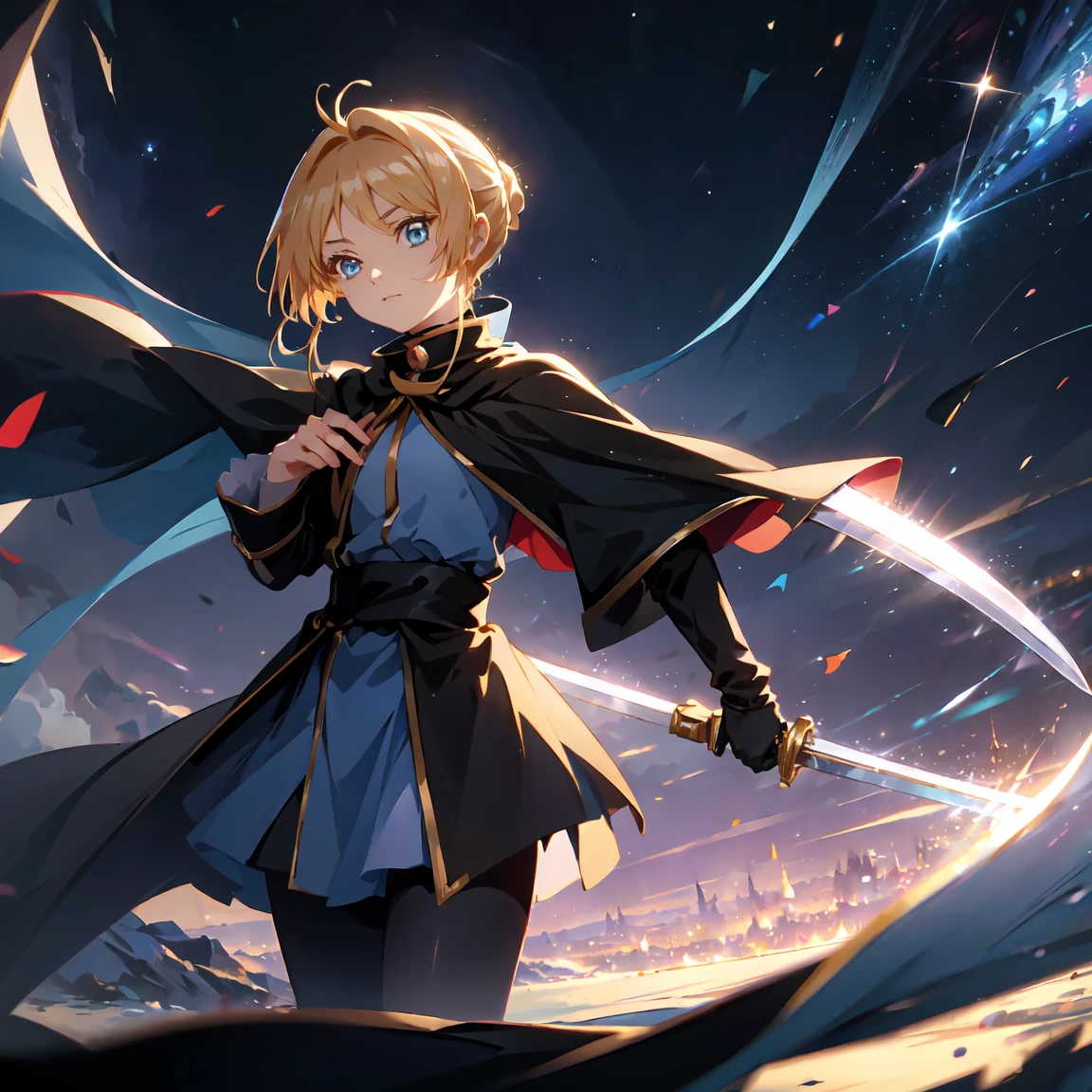  anime style,Woman holding a sword,  a woman holds a sword in front of her body  .,blonde,Long Hair,  wearing a black cloak  ,  blue eyes  ,Sparkling Eyes,Sparkling Eyesのハイライト ドレスの衣装,Wear a black cloak  , A blue butterfly flutters its wings  ,  noble atmosphere,  a dazzling sword illuminates the world  ,  emphasizes a woman with a proud face  ,The background is space,low angle masterpiece,Best Quality,Exquisite,8k,  absurd,Ultra-detailed illustrations,( Viewers )